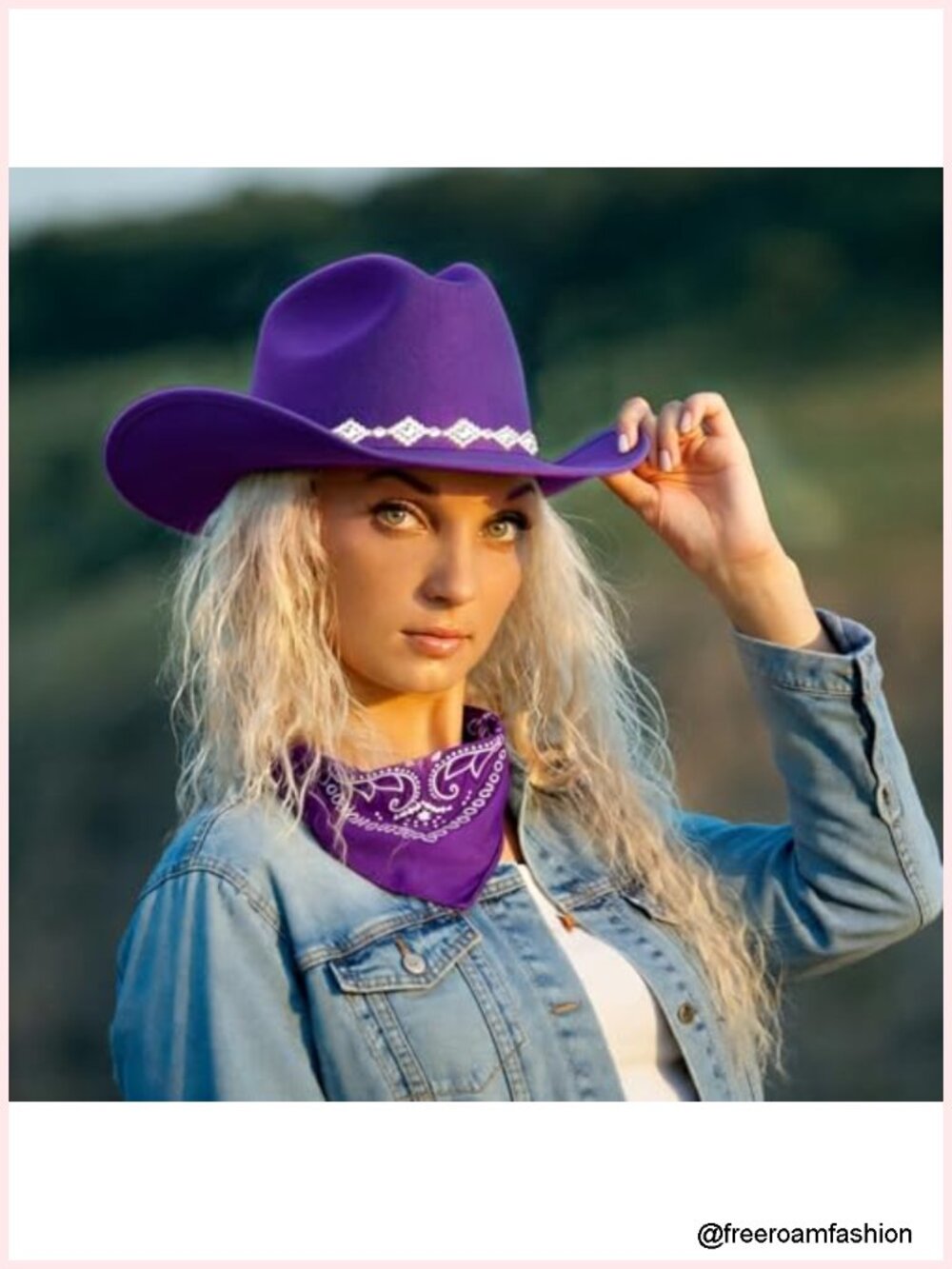 Wide Brim Cowboy Hat with Rhinestones, Bandana, Tassel Earrings - Picture 4 of 6
